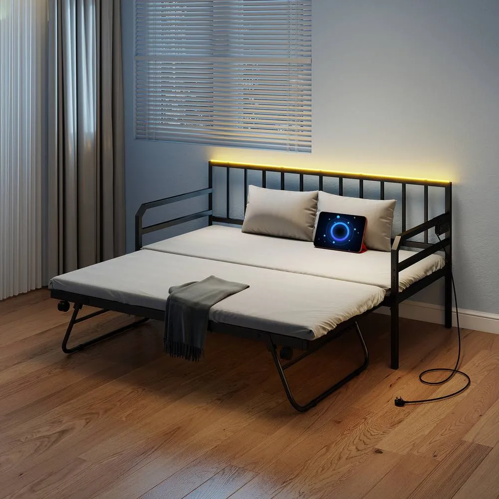 Costway Single Size Daybed with Charging Station & LED Lights in Black 4