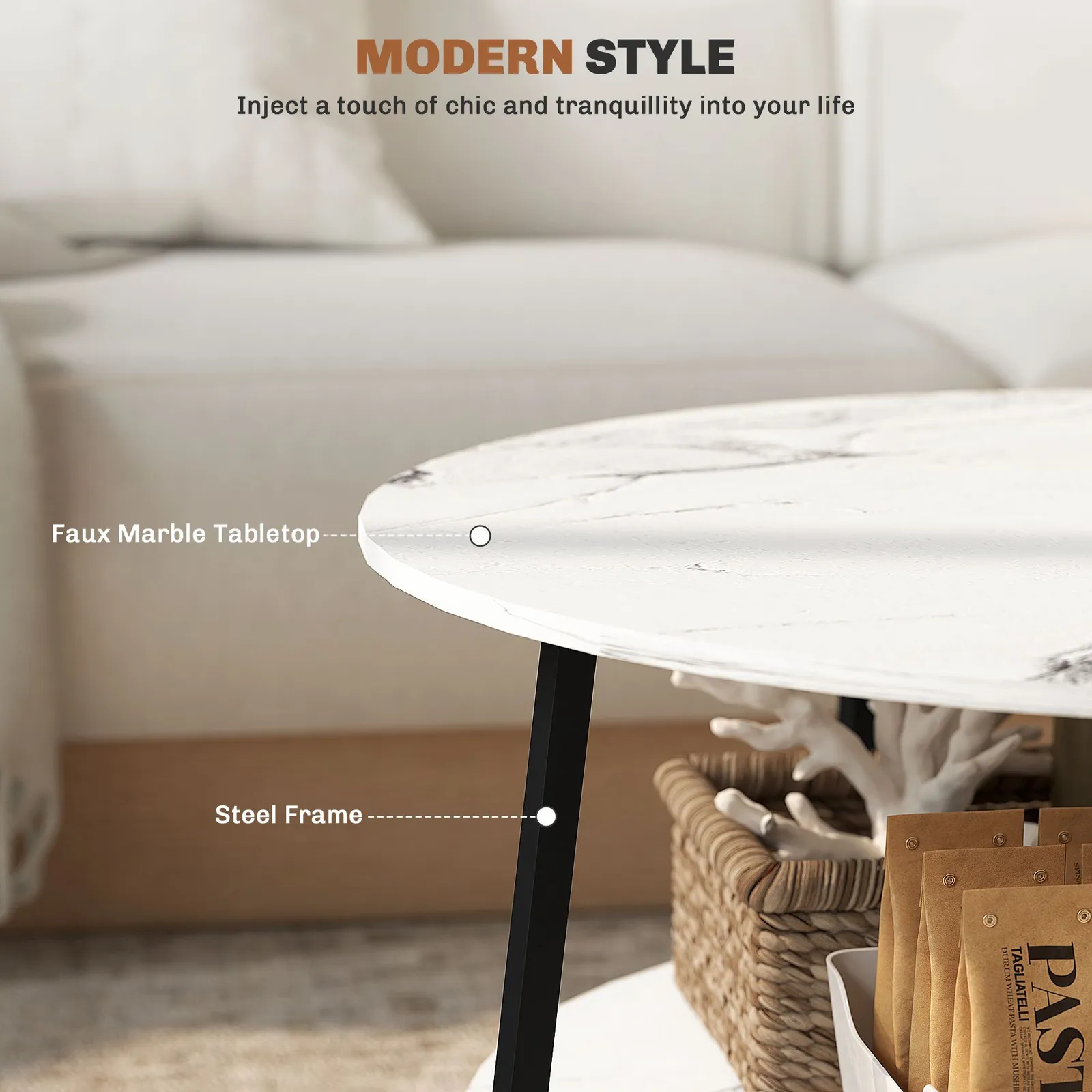 HOMCOM Round Coffee Table with Storage Shelf & Marble Effect Top, White 5