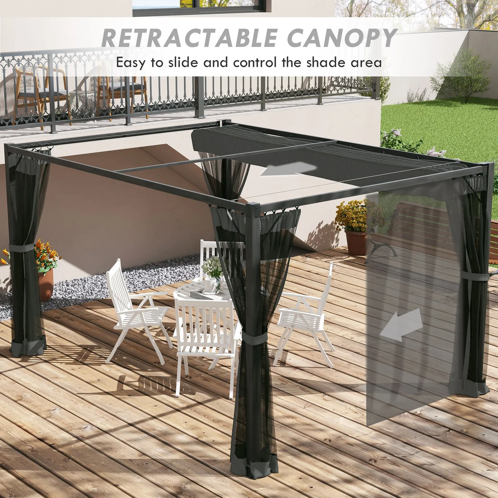 OUTSUNNY Pergola with Retractable Roof & Netting, Dark Grey 4