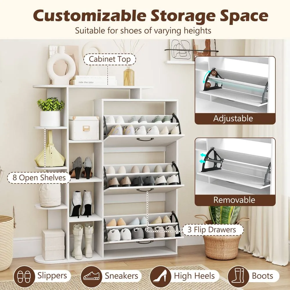 Costway Shoe Storage Cabinet Freestanding Shoe Organizer with 3 Flip Drawers 8 Shelves in White 4