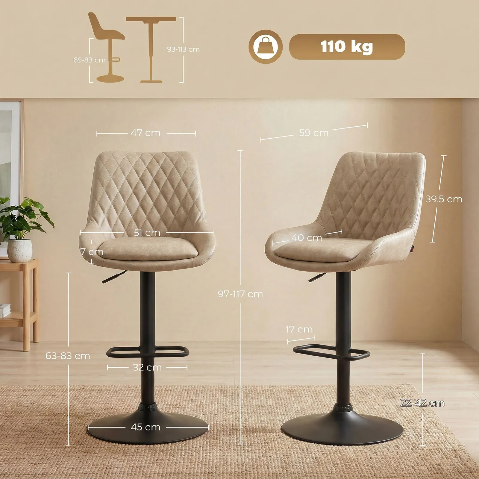 HOMCOM PU Leather Padded Bar Stools Set of 2 with Metal Base in Khaki 3