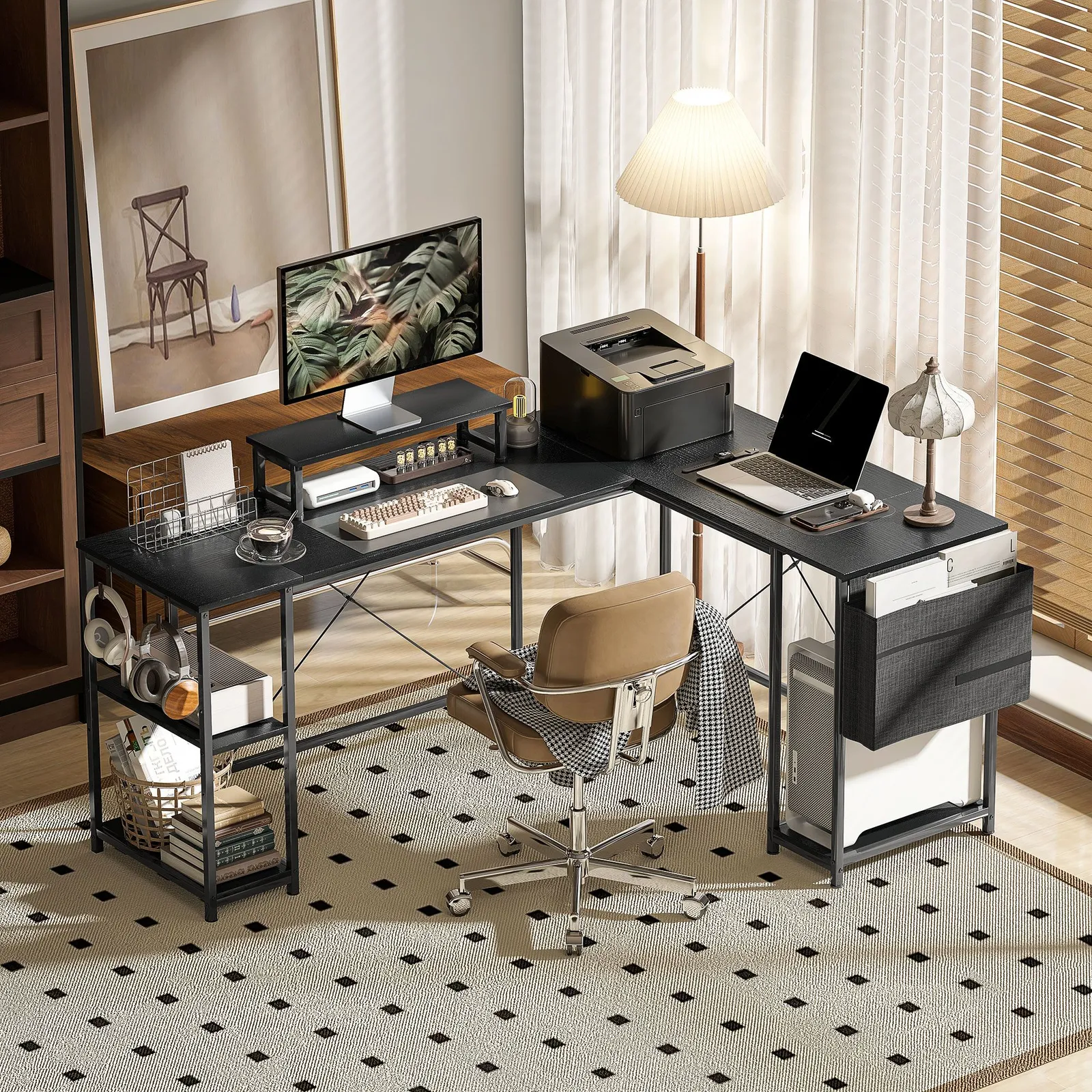 HOMCOM 168cm Reversible L Shaped Desk, 240cm Two Person Desk in Black