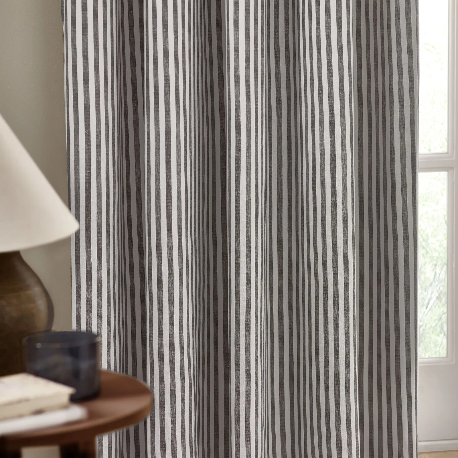Yard Hebden Striped 100% Cotton Lined Eyelet Curtain Pair in Grey 3