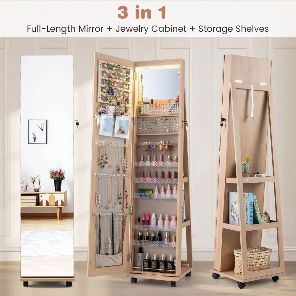 Costway 3-in-1 Jewelry Cabinet 360° Swivel Mirror Jewelry Armoire in Natural 5