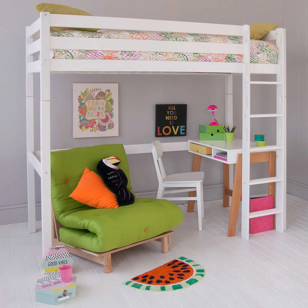 Buddy Childrens Beech Highsleeper Loft Bed With Desk and Futon Chair Bed
