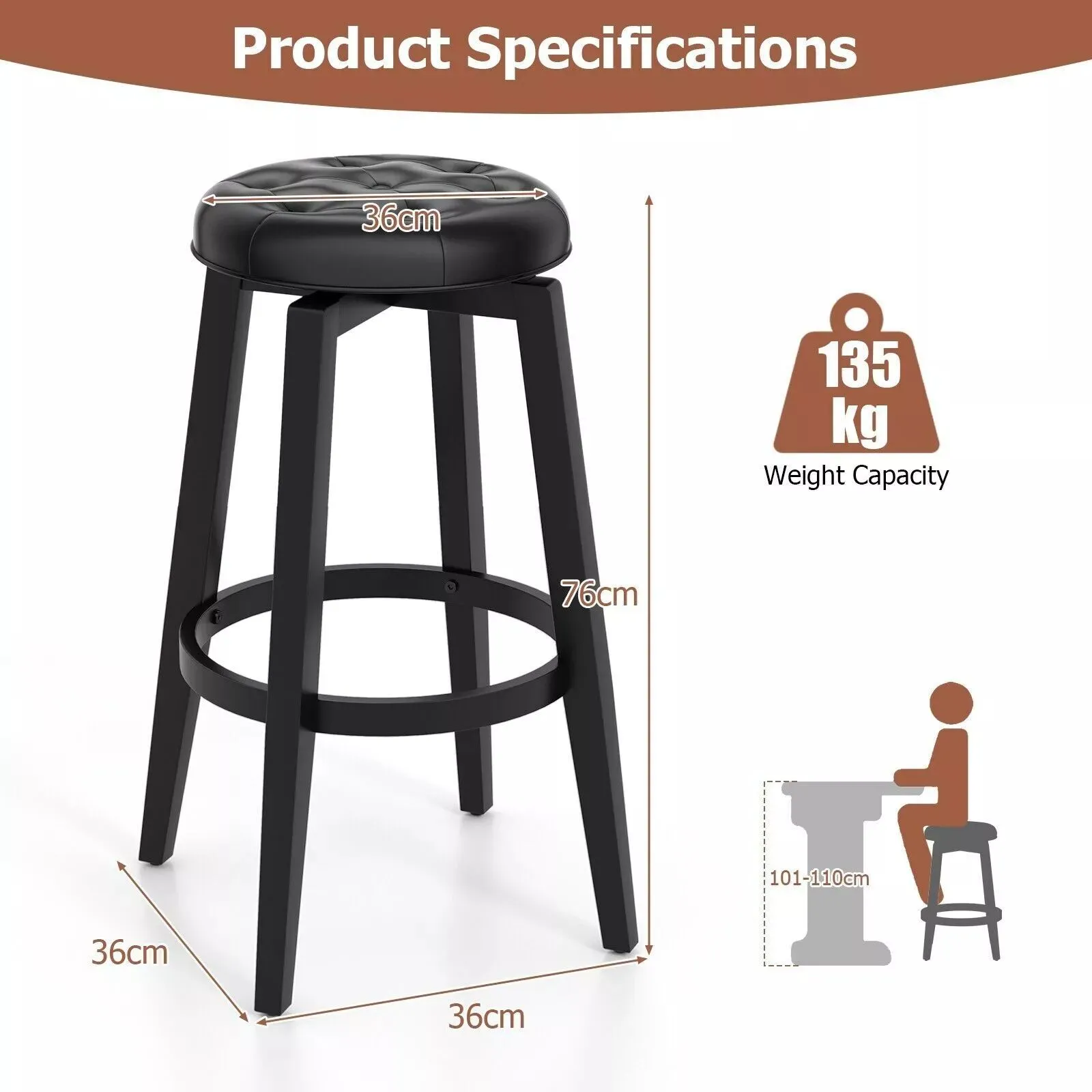 Costway Set of 2 Bar Stools Kitchen Upholstered Chair 360 Swivel Pub Stool 76cm in Black 2