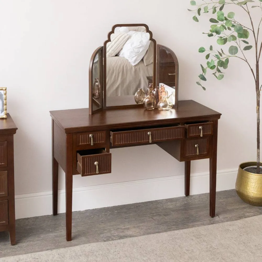 Melody Maison Dark Wood Reeded Dressing Table & Mirror Set - Georgian Range in Dark Brown 2