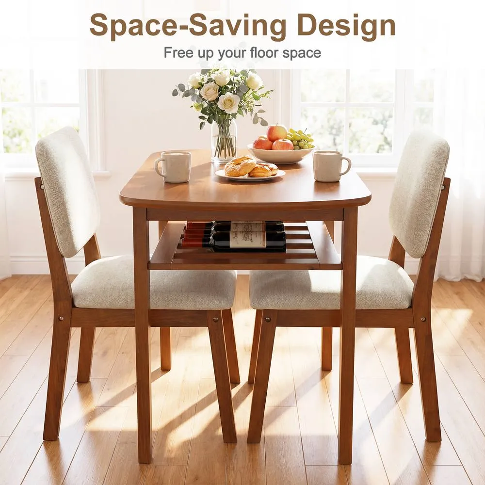 Costway 3-Piece Dining Table Set Solid Wood Kitchen Table with Storage Rack in Brown 5