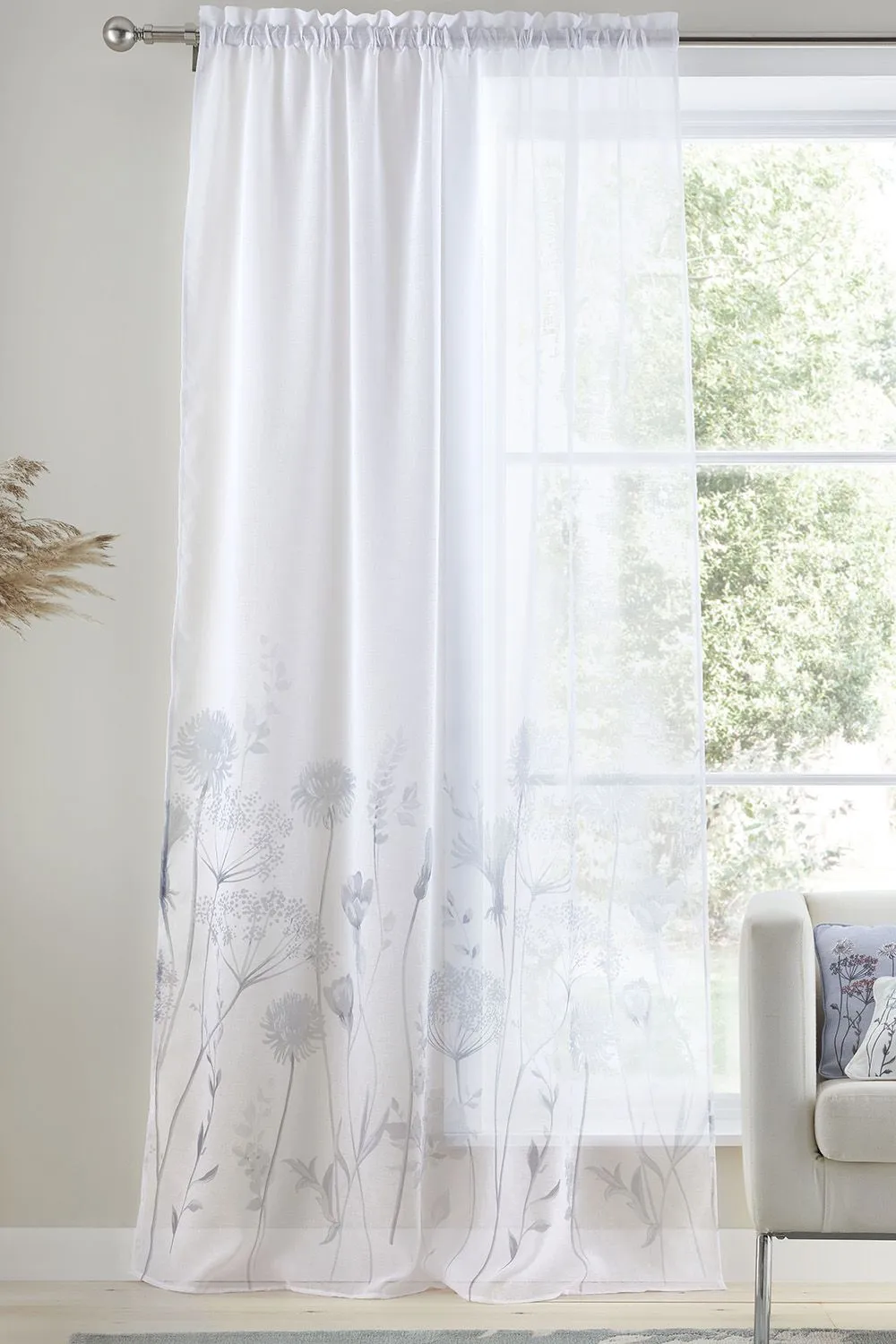 Catherine Lansfield 'Meadowsweet Floral' Voile Curtain Panel in White