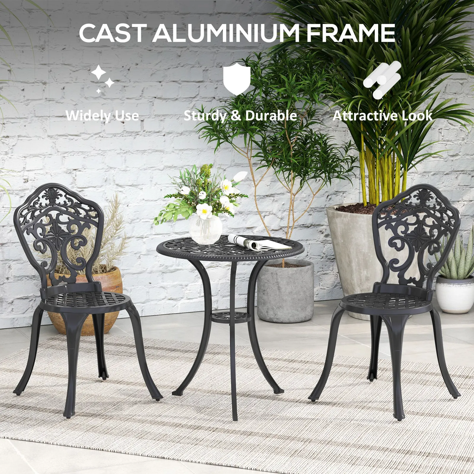 OUTSUNNY 3 Piece Cast Aluminium Bistro Set with Parasol Hole for Balcony, Patio in Black 6