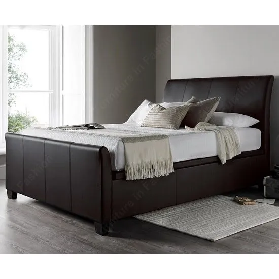 Madea Ottoman Storage Double Bed In Brown Bonded Leather