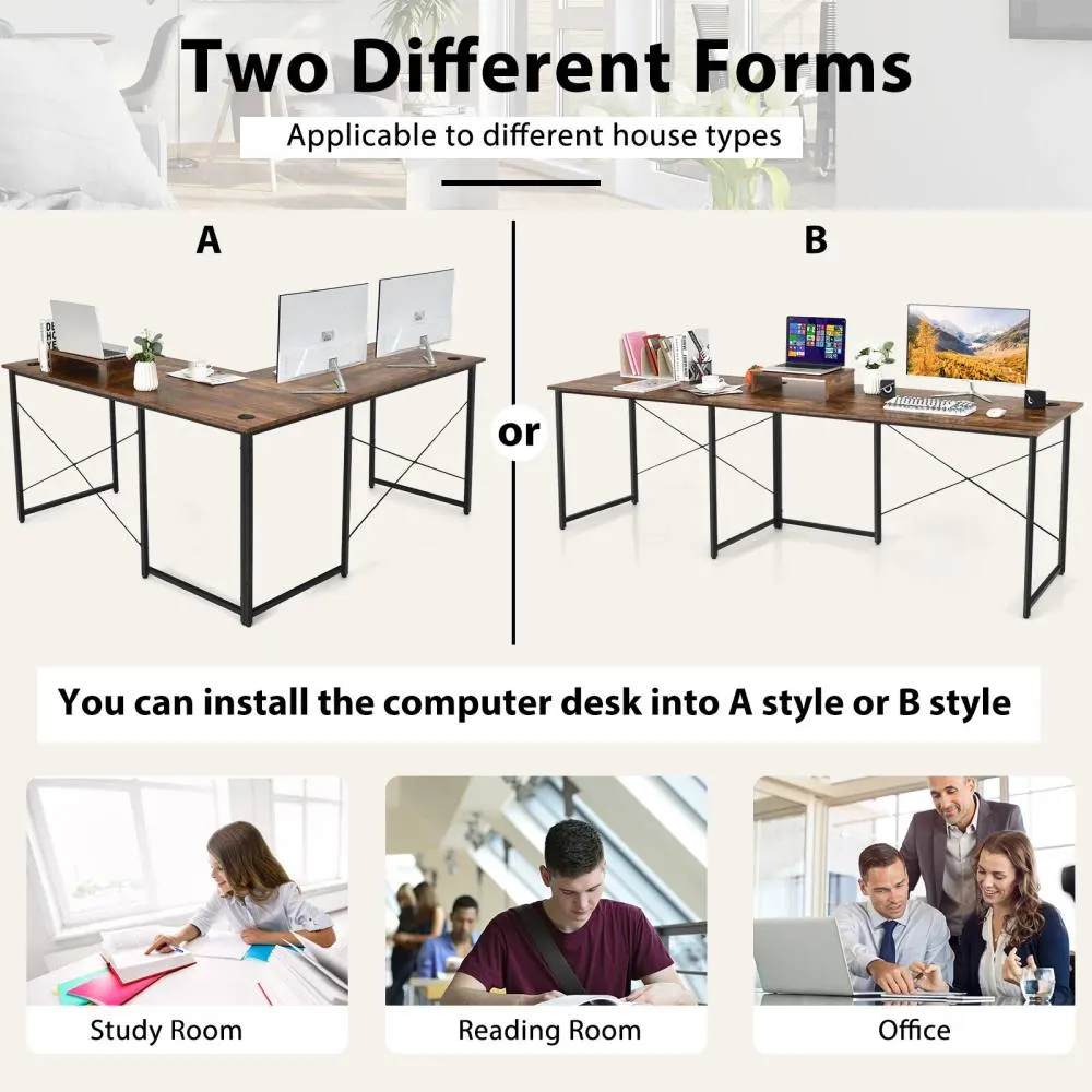 Costway L-Shaped Corner Computer Desk Reversible Study Writing Desk Workstation 2 Person in Brown 5