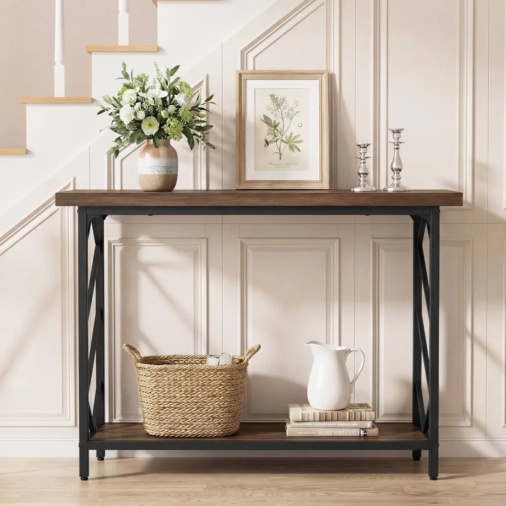 Costway 120CM Narrow Console Table 2-Tier Entryway Table W/ Storage Shelf in Brown 6