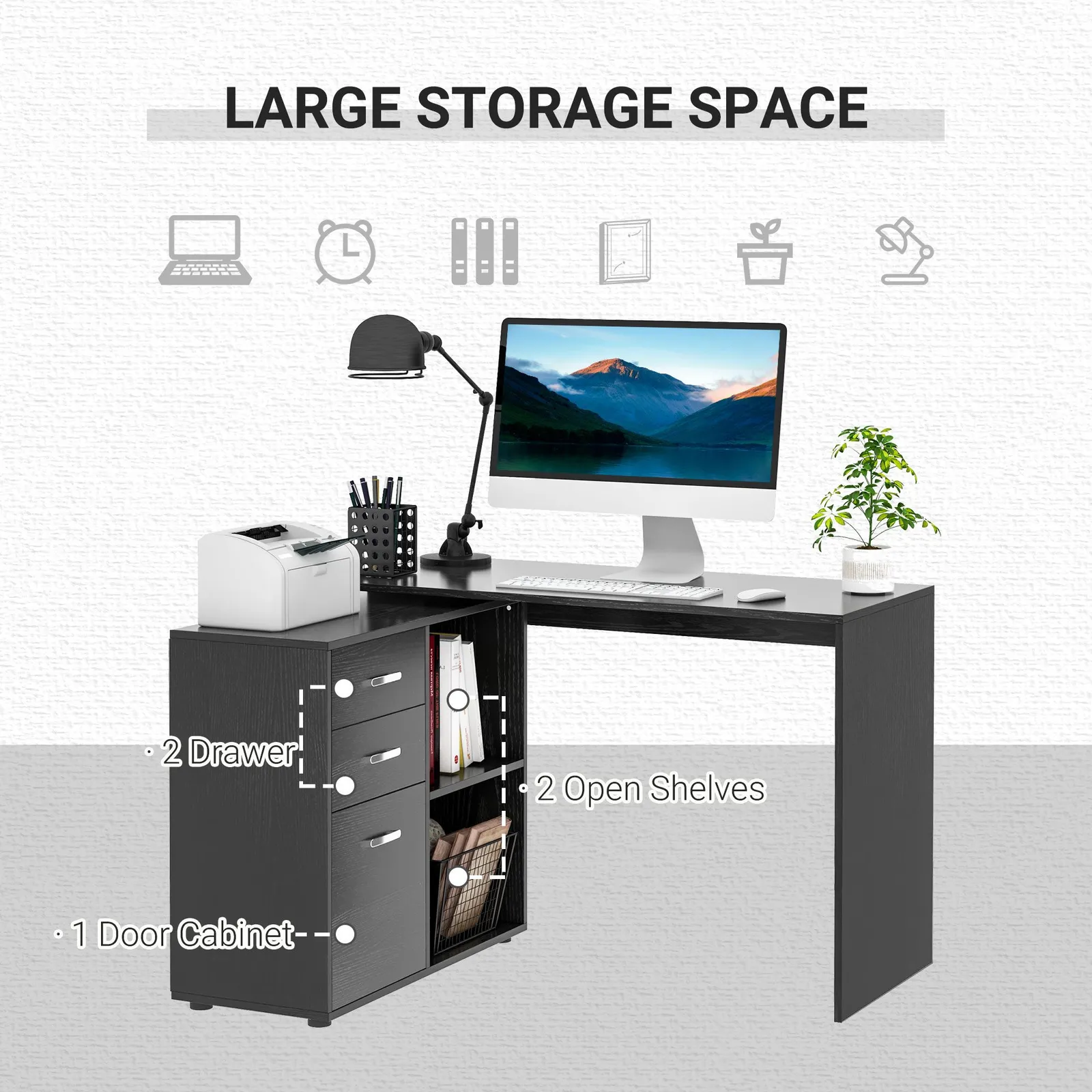 HOMCOM Computer Desk Table Workstation L Shape Drawer Shelf File Cabinet in Black 6