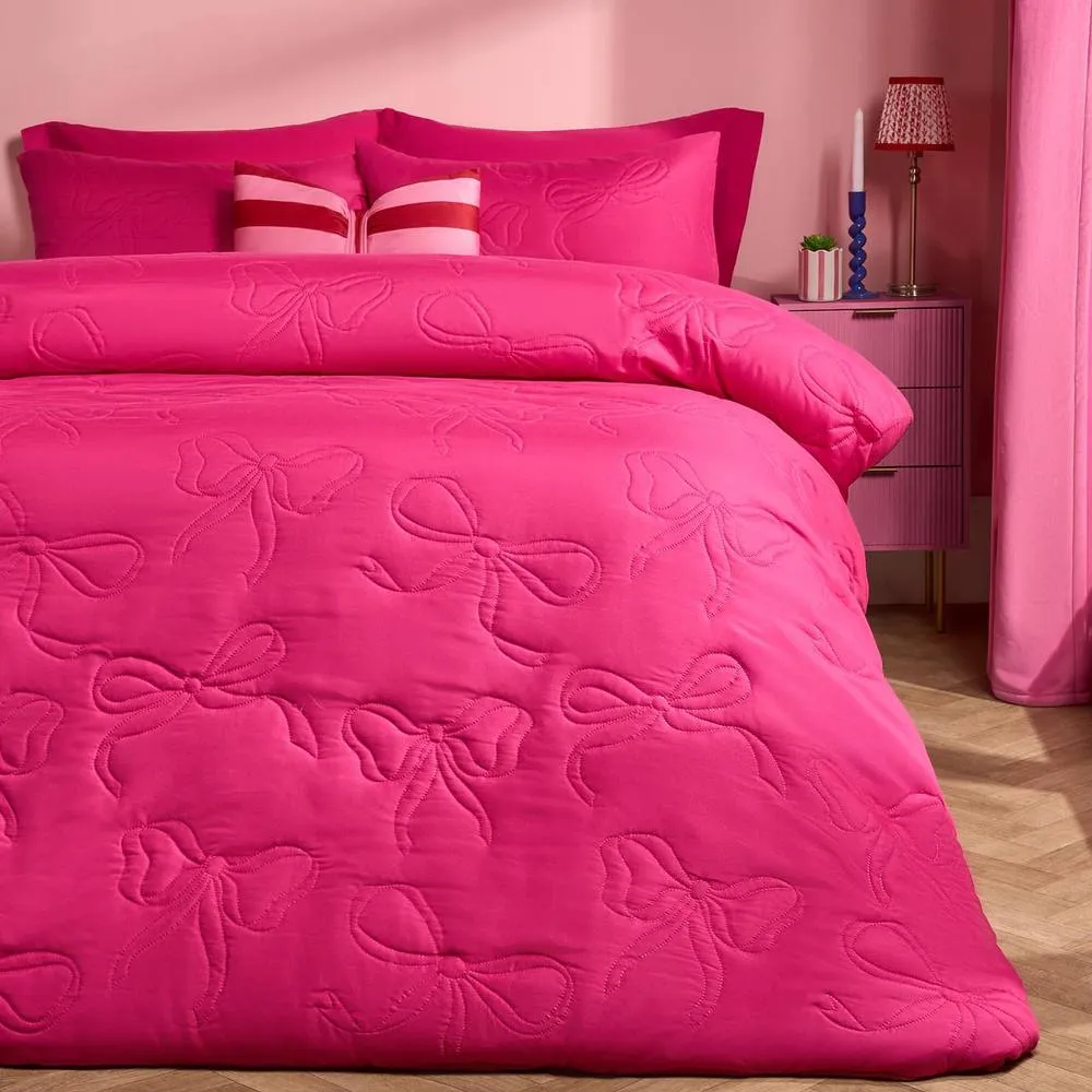 OHS Bows Pinsonic Bedding Set Microfibre Duvet Cover with Pillowcase in Bright Pink
