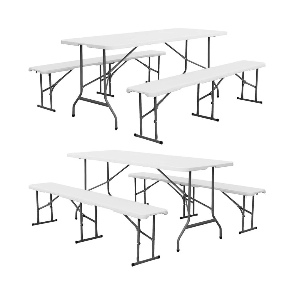 sweeek Folding steel reception table with 2 benches (set of 2) in White 3