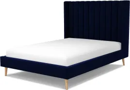 Cory Double Bed, Prussian Blue Cotton Velvet with Oak Legs