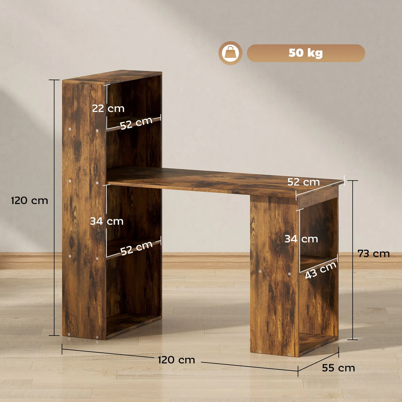 HOMCOM 120cm Computer Desk Bookshelf Writing Table 6 Shelves Brown in Dark Brown 3