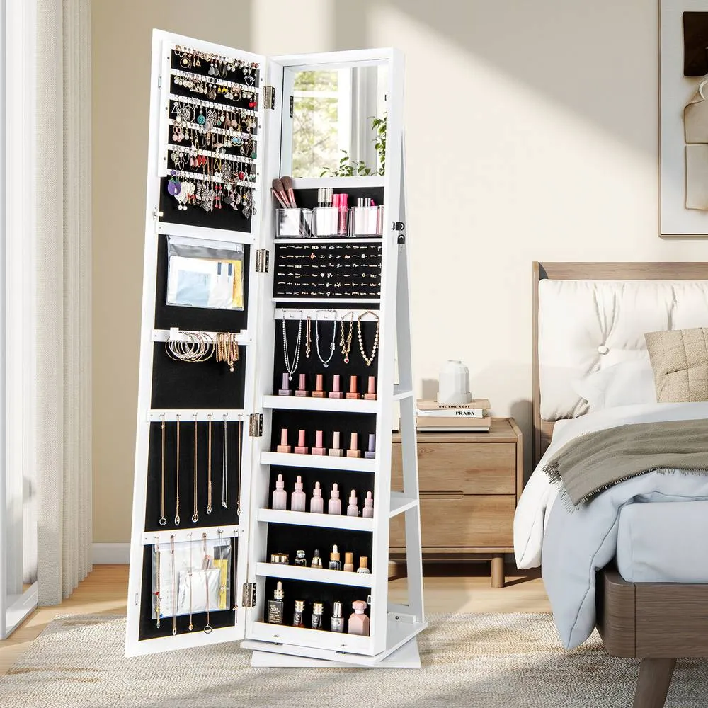 Costway 360° Swivel Jewelry Armoire Standing Organizer Mirror in White 3