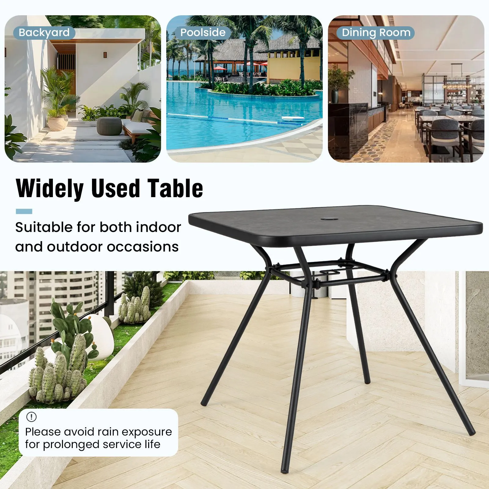 Costway Patio Dining Table 80cm Square Outdoor Table w/ 4CM Umbrella Hole in Black 6
