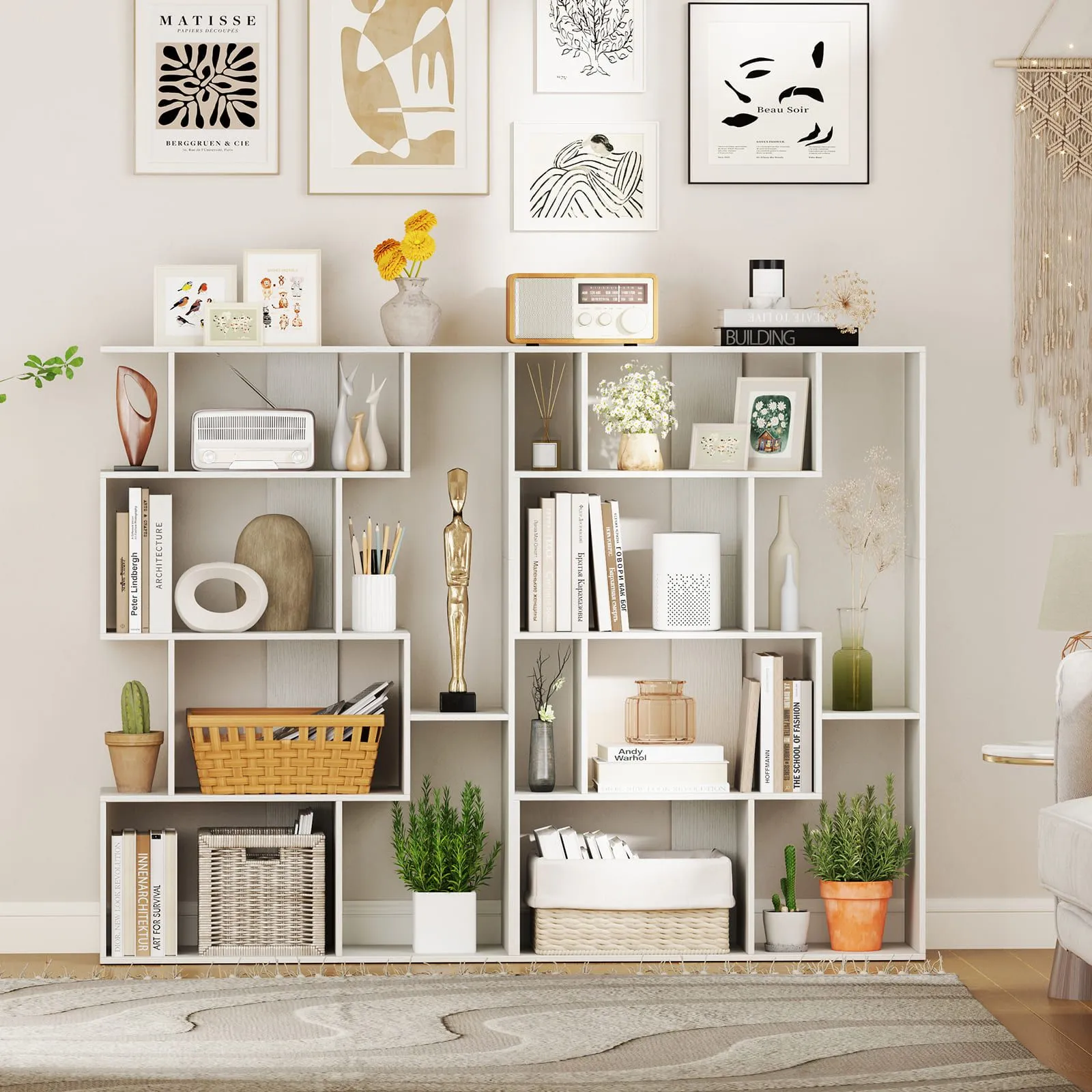 Costway Open-back Geometric Bookshelf Home 6-Cube Large Bookcase in White 4