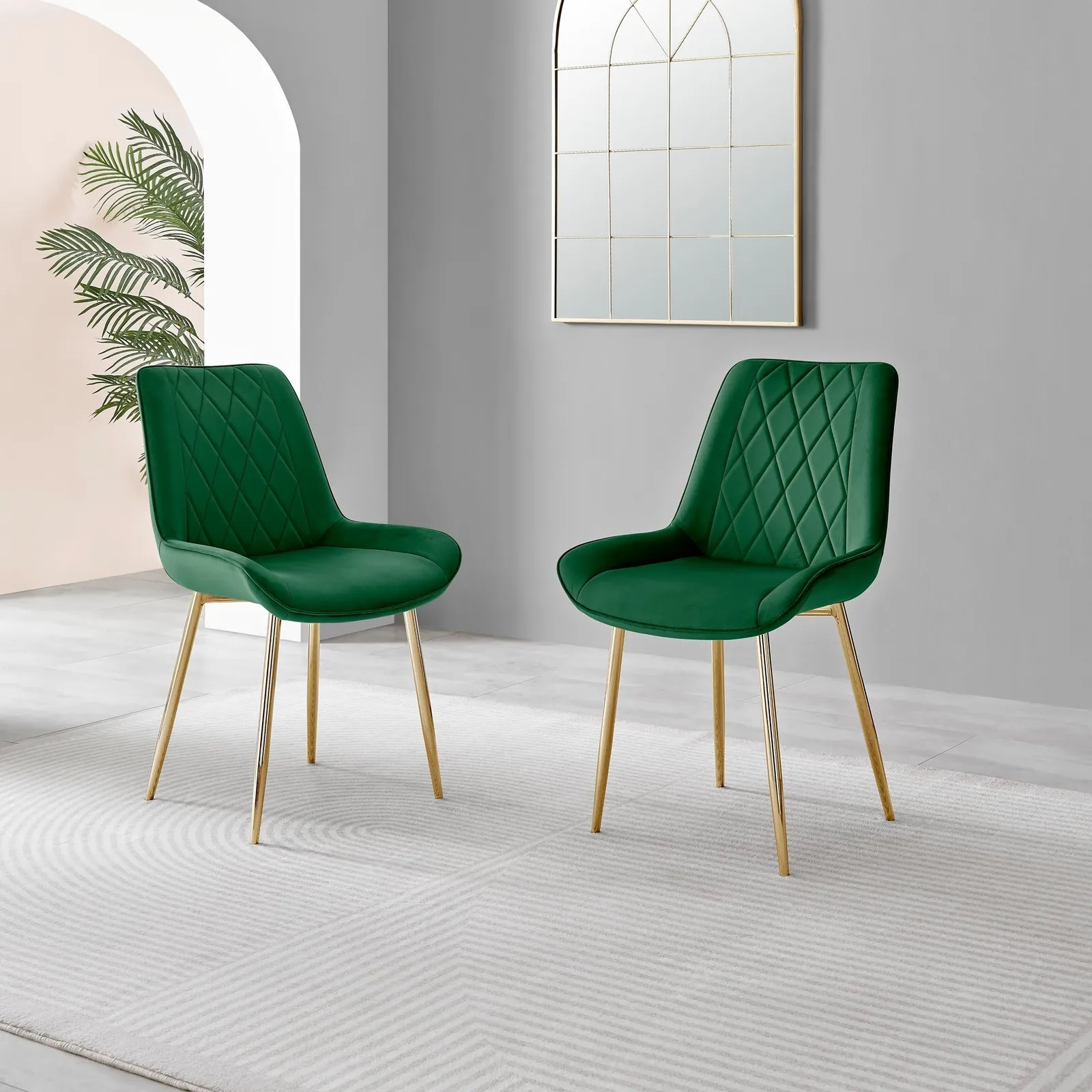 FurnitureboxUK Set of 2 Pesaro Luxury Soft Touch Diamond Pattern Velvet Dining Chairs With Gold Chrome Metal Legs in Green 2