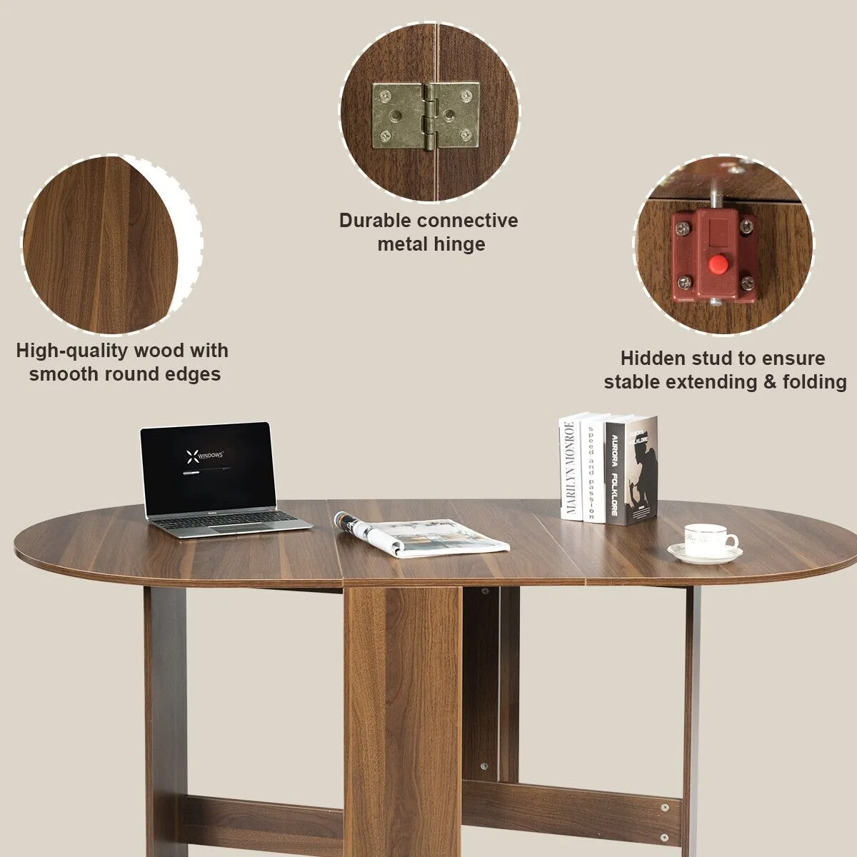 Costway 3in1 Folding Dining Coffee Table Drop Leaf Table Writing Desk for 4 to 6 People in Brown 5