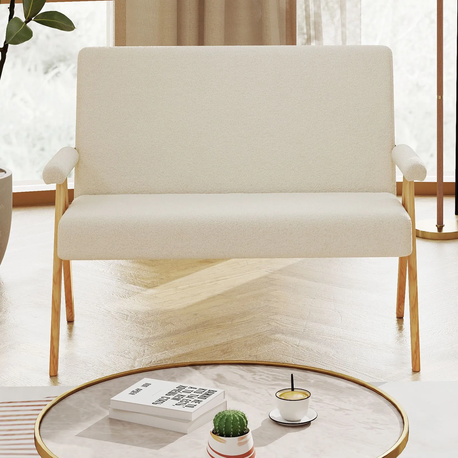 Costway Loveseat Sofa Comfy Upholstered Sherpa Couch with Armrests in White