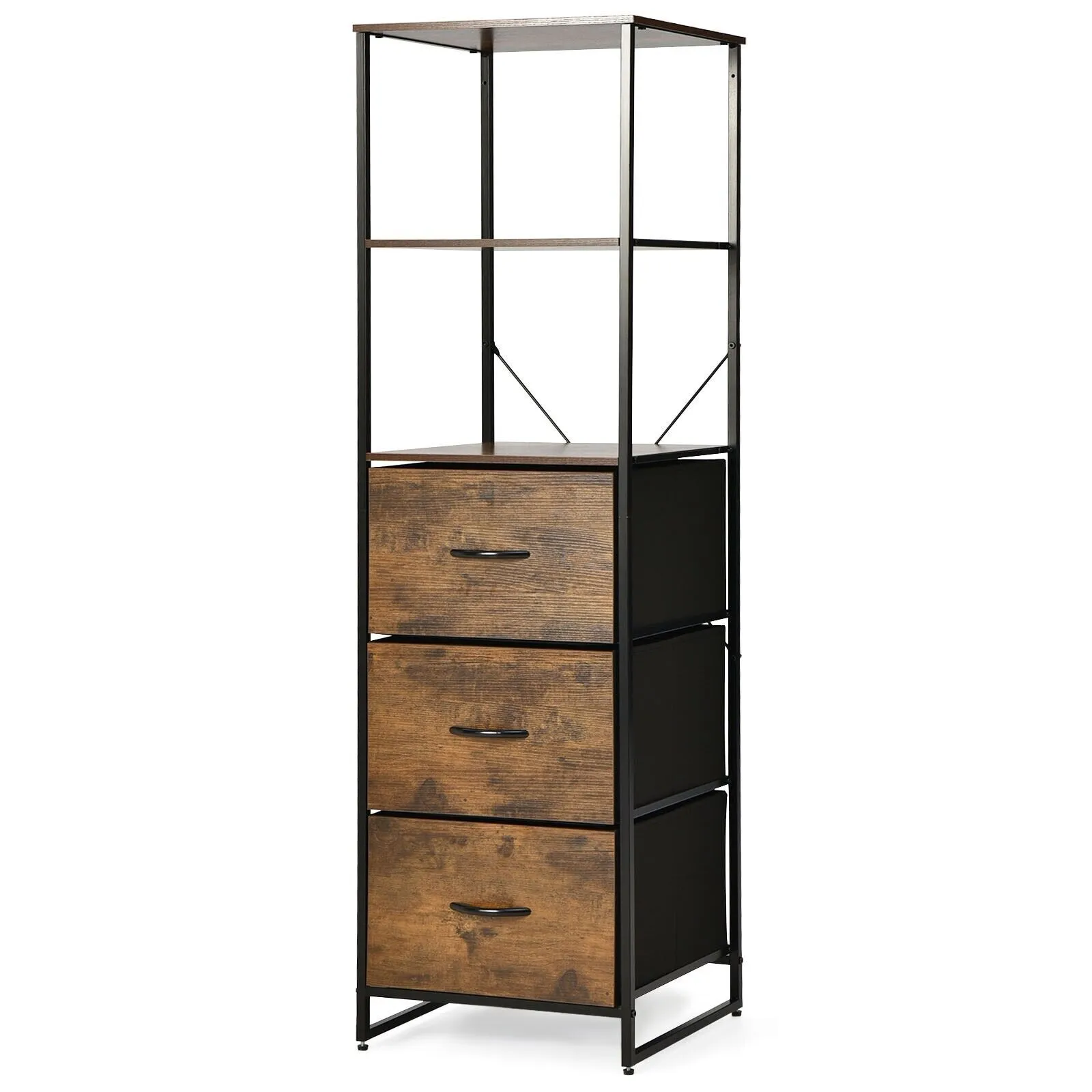 Costway Industrial Bookshelf 3Drawer Dresser Narrow Storage Rack w/ Steel Frame in Brown 3