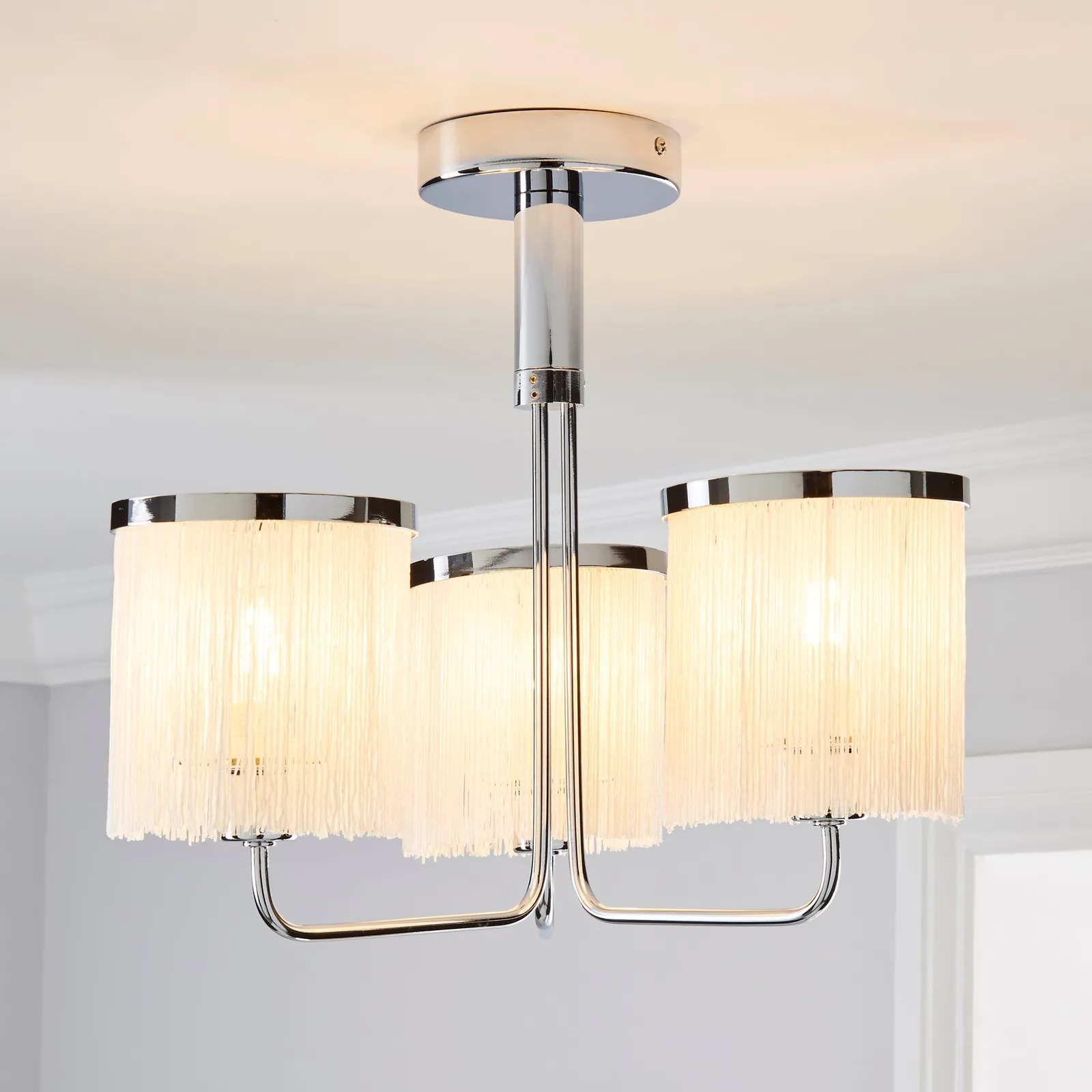 Jaz 3 Light Fringe Ivory Ceiling Fitting Cream and Silver