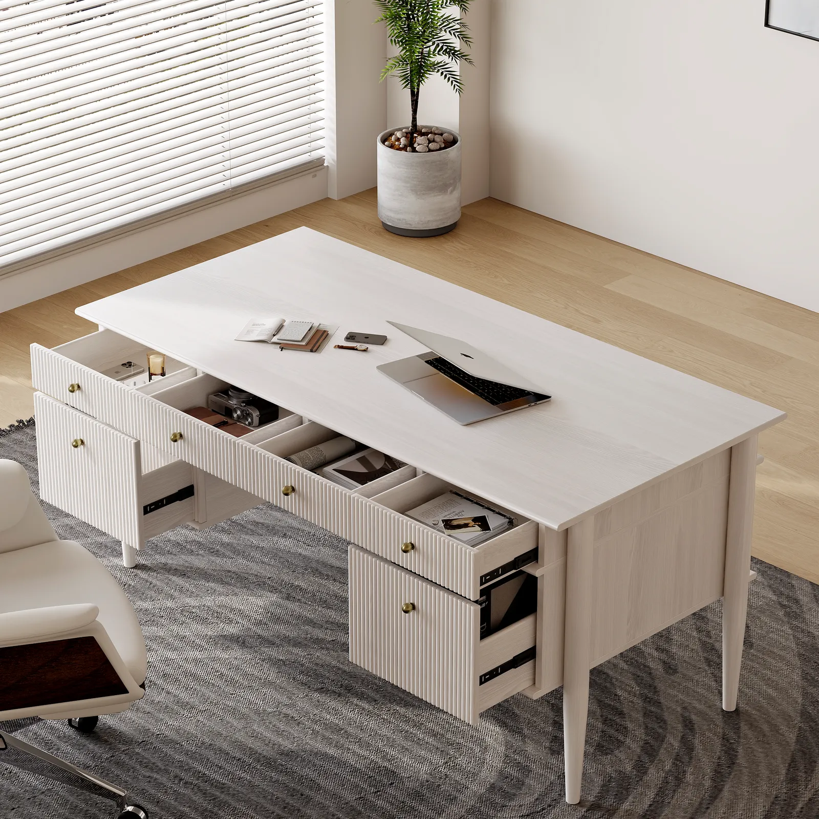 Modern Solid Wood Home Office Desk with 6 Drawers Whitewash Executive Writing Desk (1625mm)