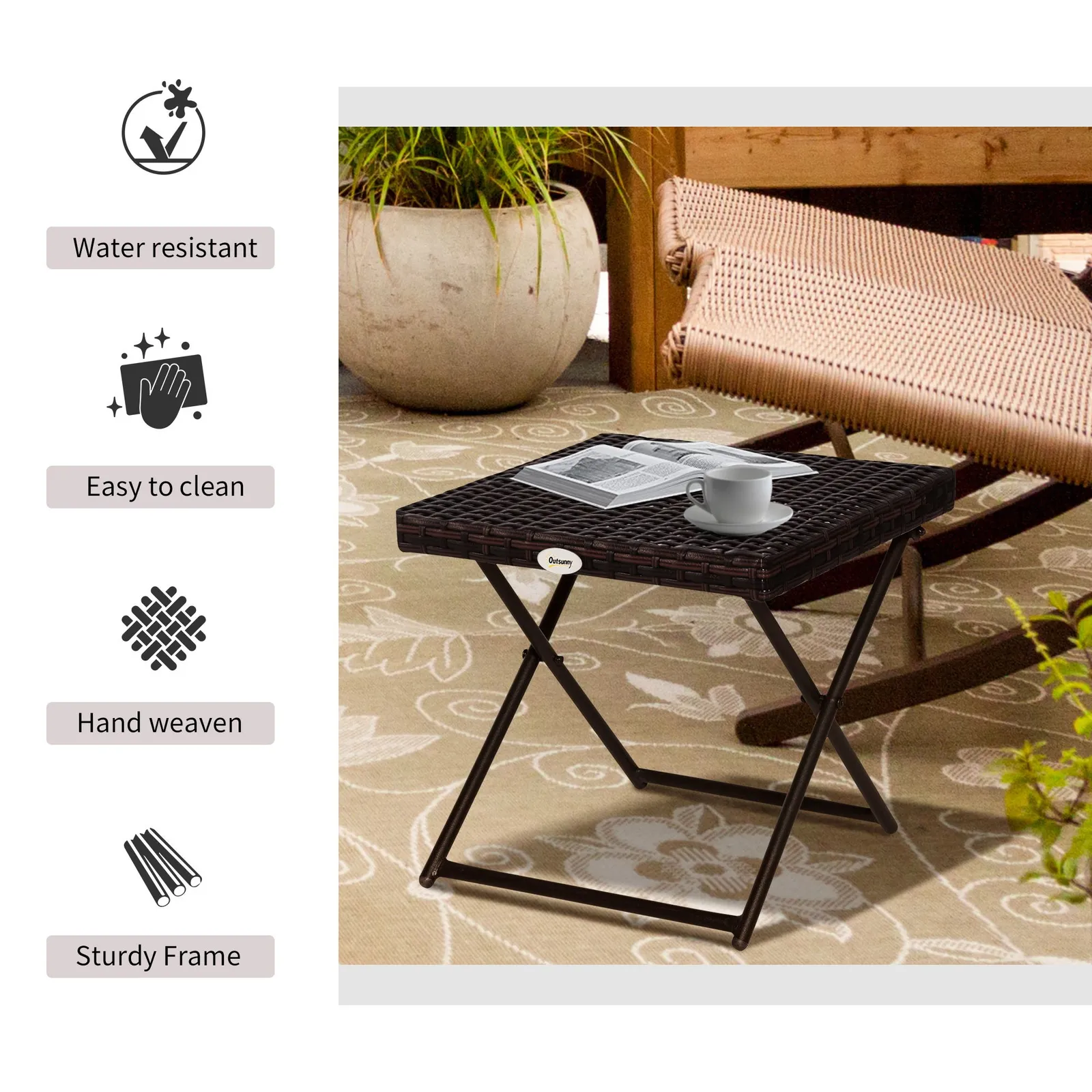 OUTSUNNY Folding Square Rattan Coffee Table w/ Steel Frame Bistro Garden in Brown 4