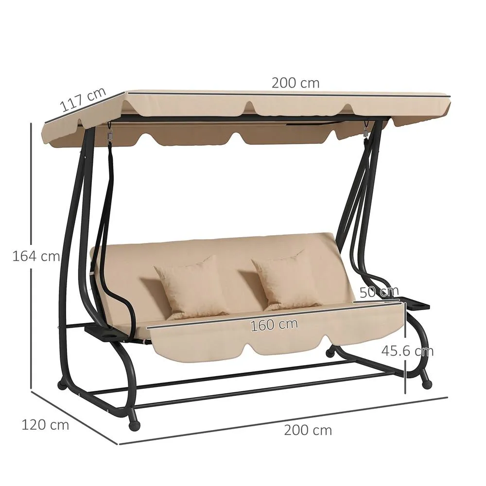 OUTSUNNY 2-in-1 Garden Swing Chair for 3 Person w/ 2 Pillows, Light Brown 3