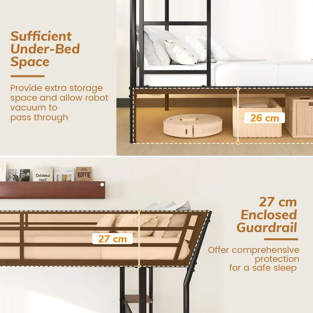 Costway Bunk Bed Single over Single Loft Bed with Wooden Tabletop & Shelf in Black 6