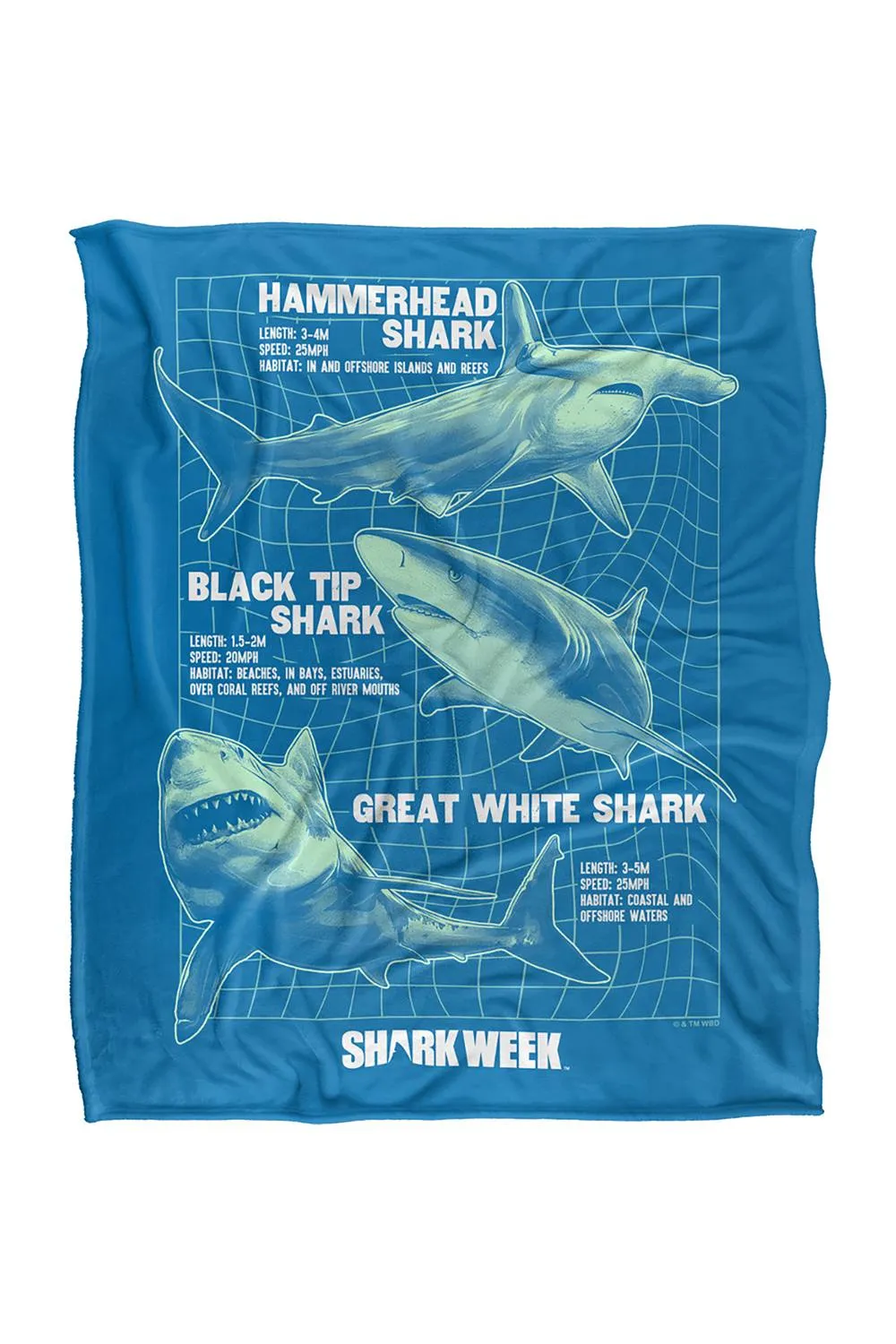 Warner Brothers Shark Week Television Series 152x127 cm Shark Info Grid Throw Blanket