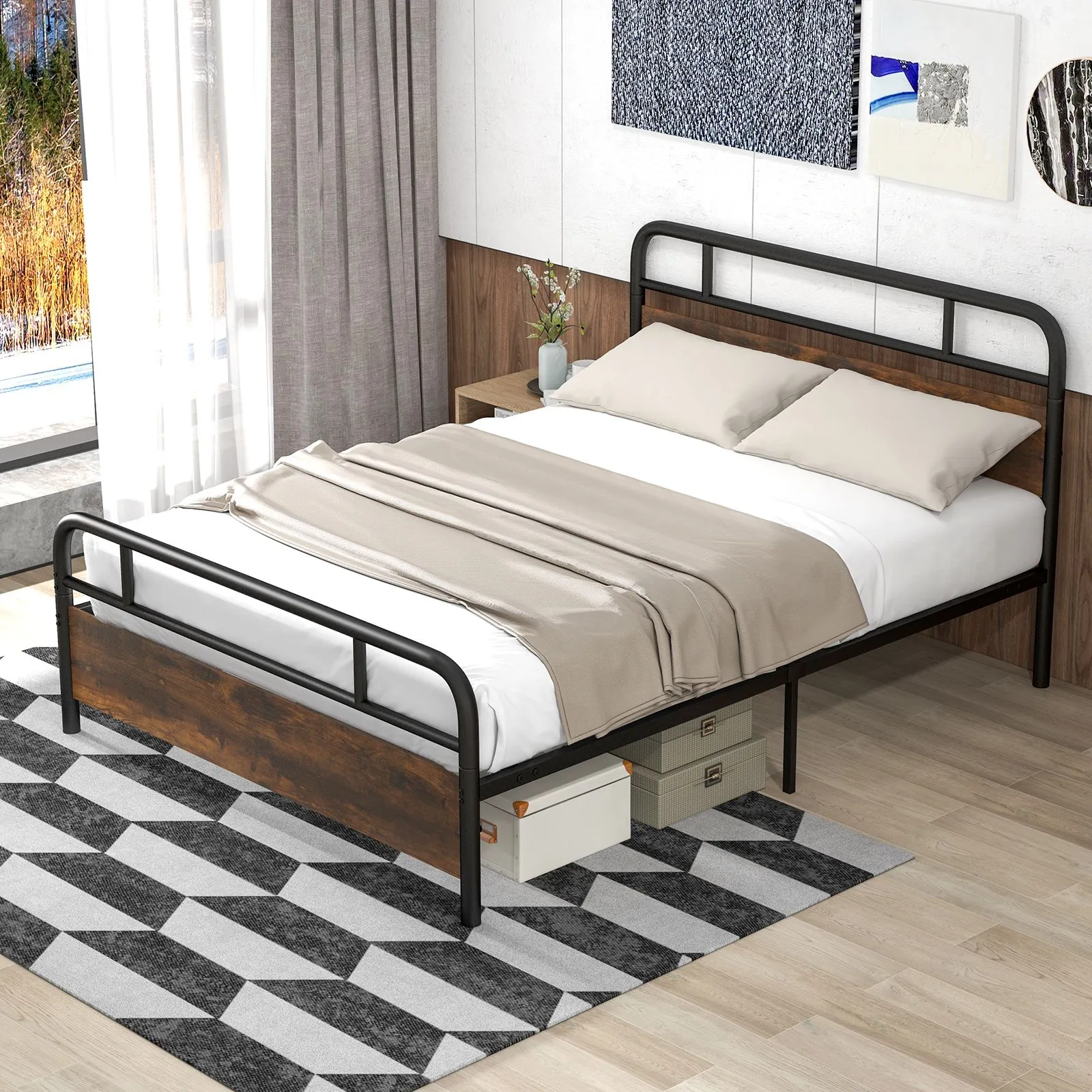 Costway Double Size Bed Frame Platform Metal Slats Support Bed W/ Industrial Headboard in Black 4
