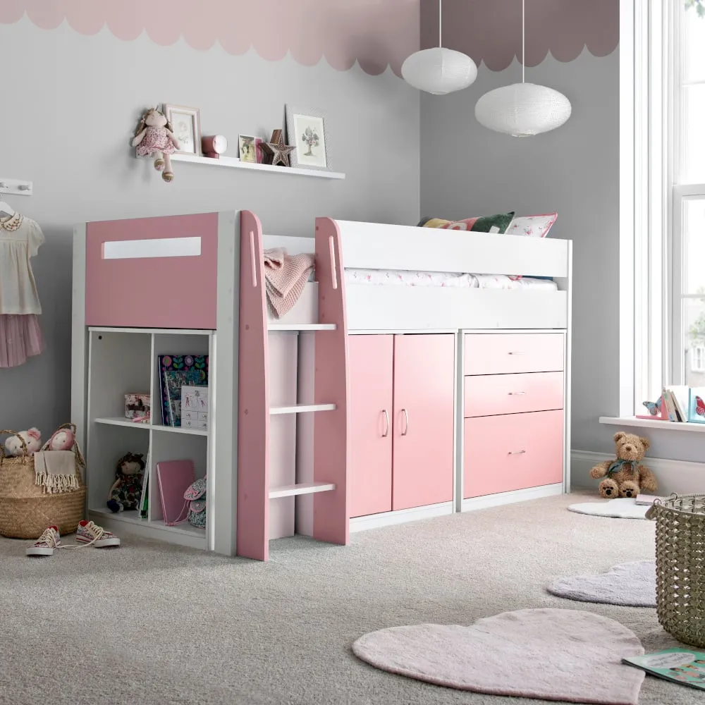 Lacy - Single - Storage Midsleeper Bed - White/Pink - Wooden - 3ft - Happy Beds 1