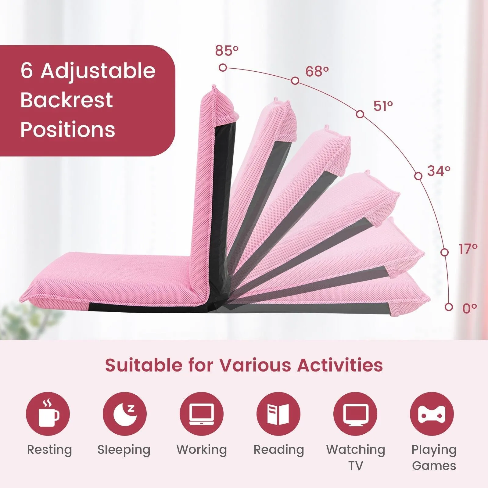 Costway Lazy Sofa Floor Chair Foldable Gaming Chair Recliner With 6 Adjustable Positions in Pink 5