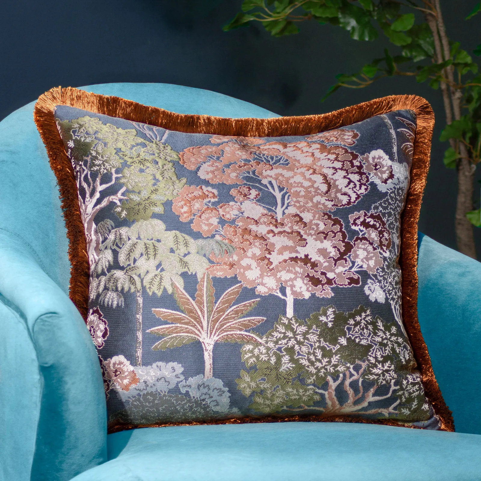 Wylder Nature Woodlands Tropical Jacquard Cushion in Navy