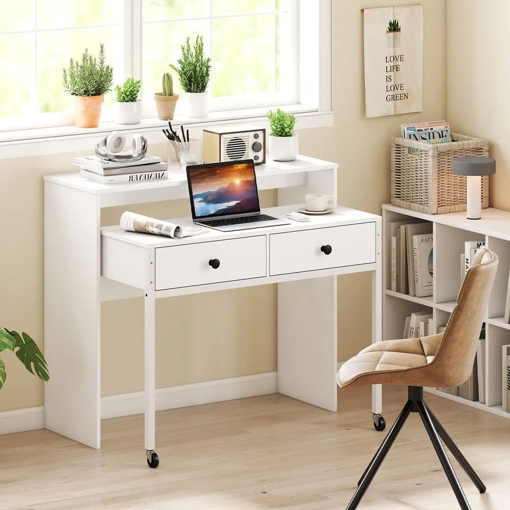 Costway Extendable Computer Desk Convertible Home Office Desk w/ Drawers in White 6