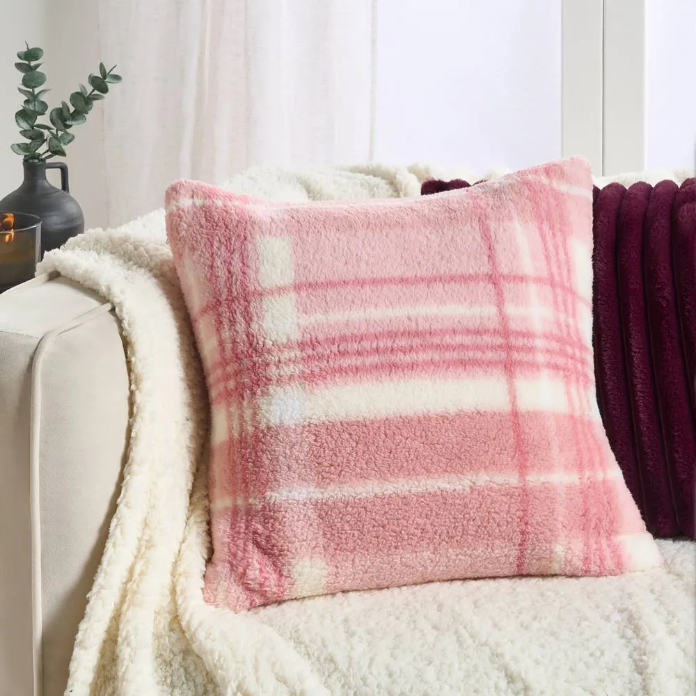 OHS 2 x Winter Check Teddy Fleece Square Cushion Covers in Baby Pink