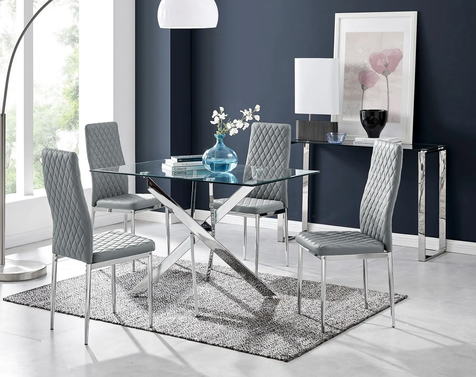 FurnitureboxUK Leonardo Glass & Chrome Metal Dining Table & 4 Milan Chairs Set in Grey 1