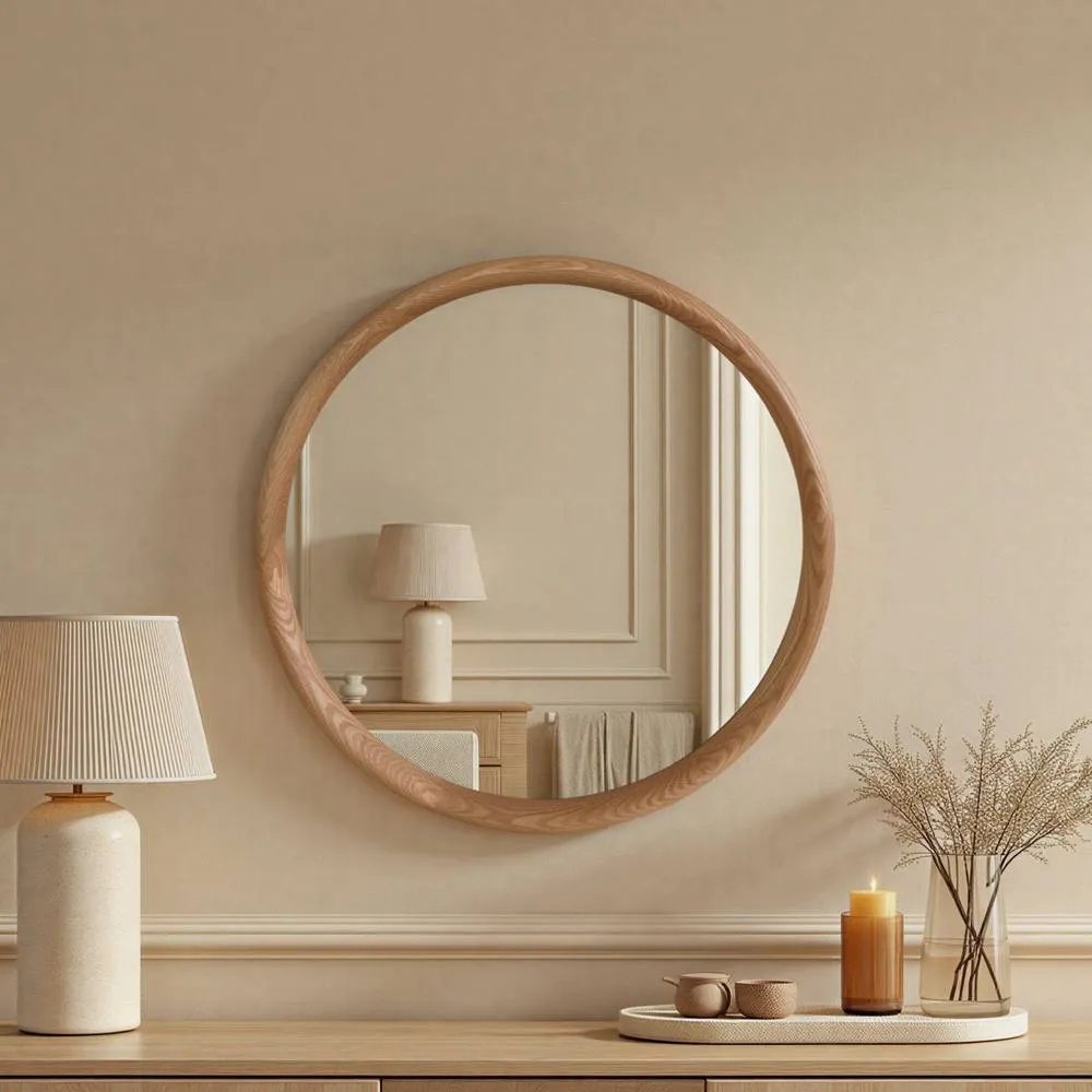 Yearn Mirrors Yearn Solid Oak Nataural Round Wall Mirror, Clear 3