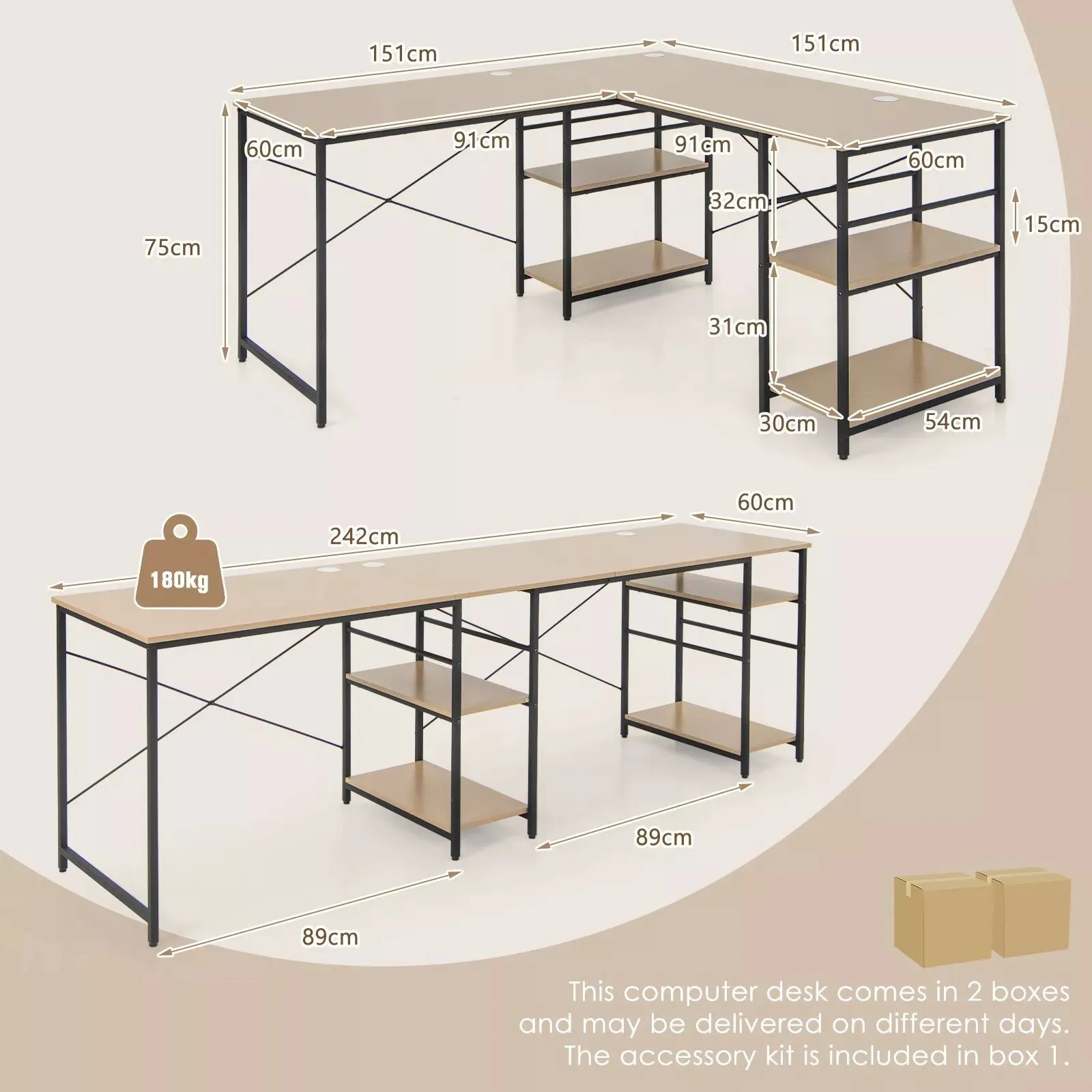 Costway L-Shaped Corner Computer Desk Study Writing Desk Workstation w/ Storage Shelf in Natural 3