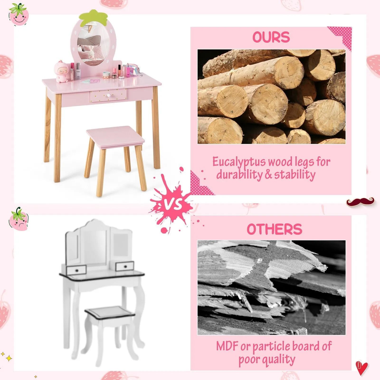 Costway 2in1 Vanity Set Wooden Vanity Set w/ Stool Mirror & Drawer in Pink 5