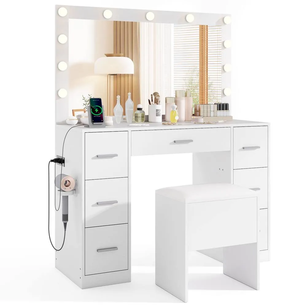 Costway Vanity Desk Set w/ Power Outlets Modern Makeup Table w/Storage Stool in White