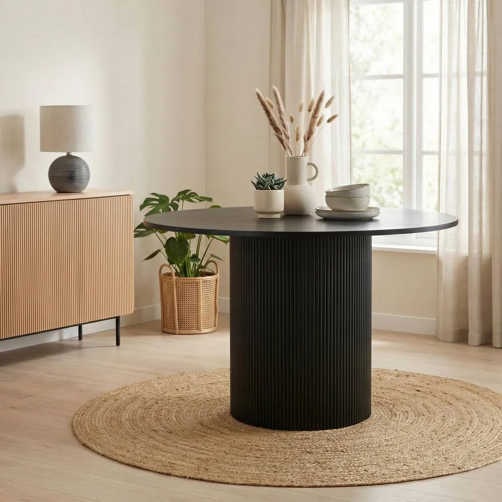 FurnitureboxUK Penrose Round Black Wood Dining Table 4 Nella Chairs in Beige 2