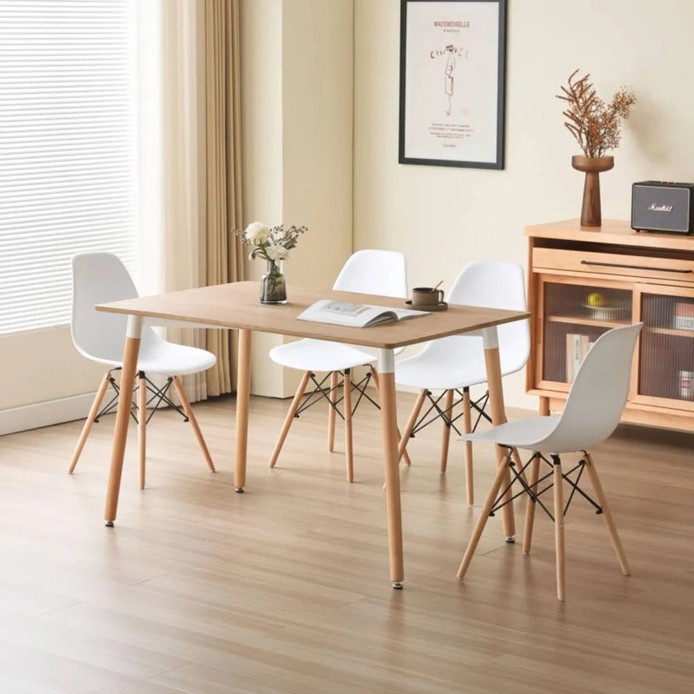 Comfy Living Ltd Piece Dining Set With Oak Wooden Top & 4 White Chairs With Metal Detailing in Light Oak
