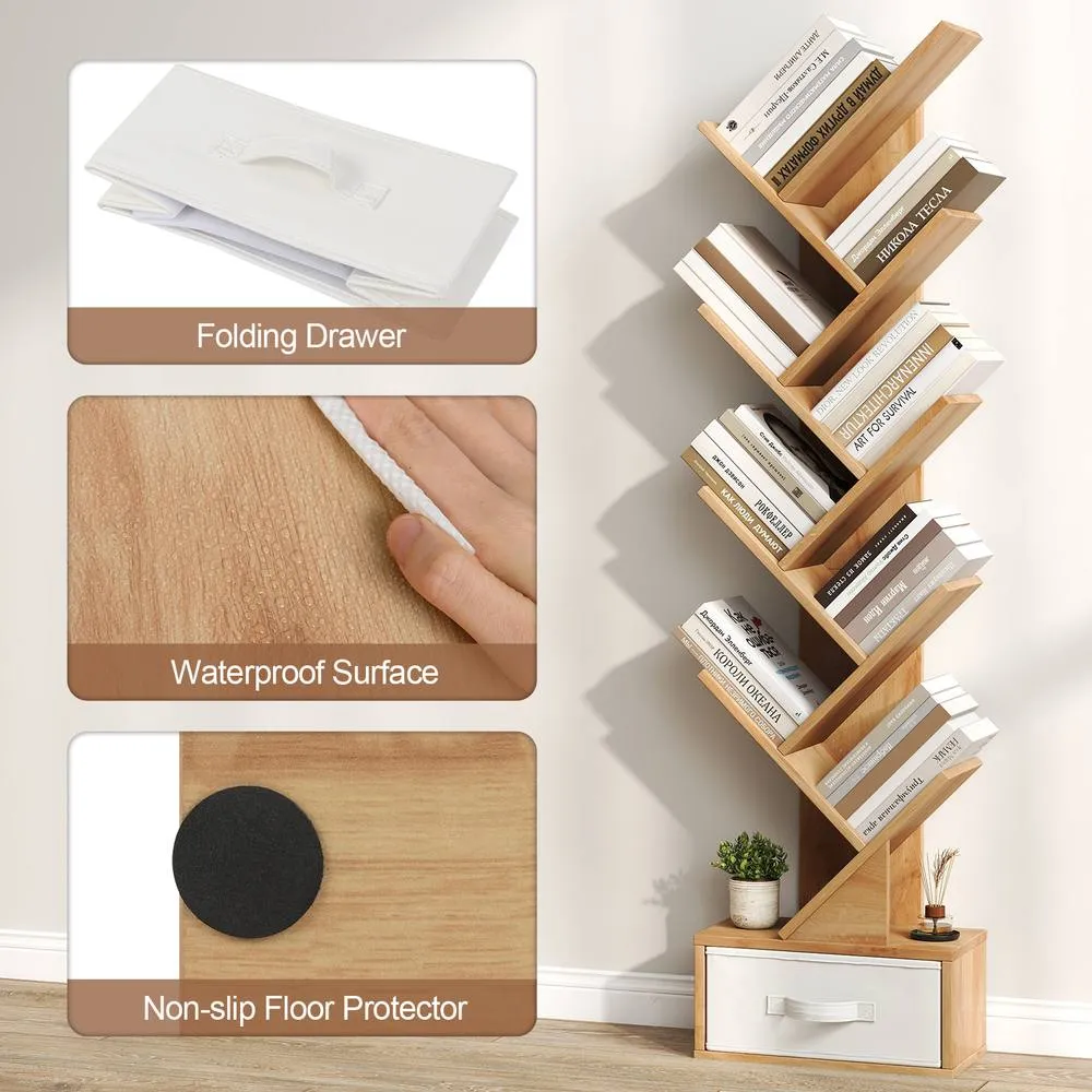 Costway Wooden Tree Bookshelf Modern 150cm Tall Narrow Bookcase w/ 10 Shelves in Natural 3