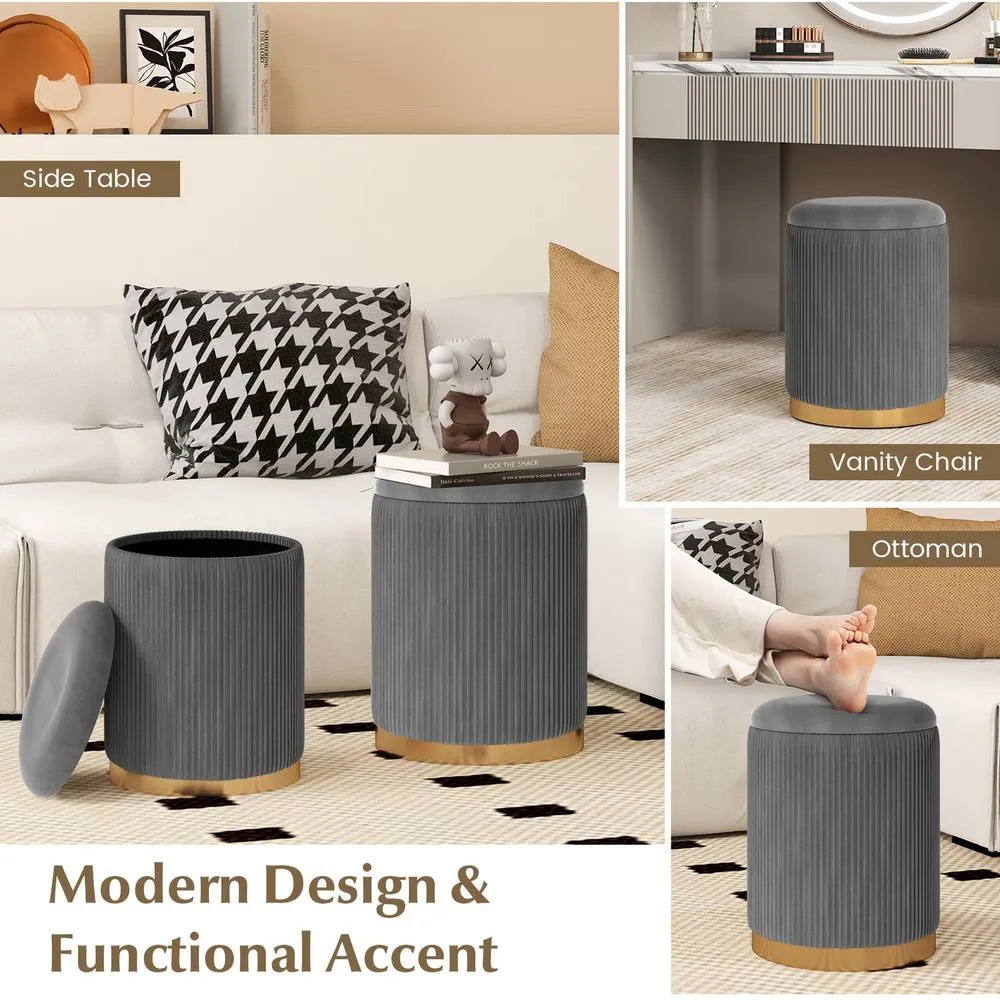 Costway 2 Pcs Velvet Round Footstools Nesting Storage Ottoman-Grey in Grey 3